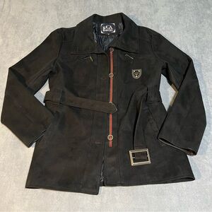 GA Emporio Jacket Sz Large? Suede Moda Italy Coat Belted Goth Logo Black Buttons